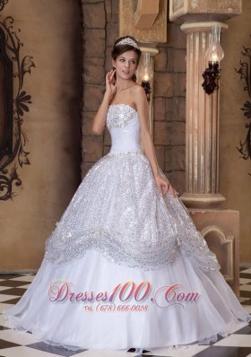 White and Silver Quinceanera Ball Gown Strapless for