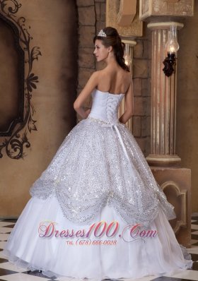 White and Silver Quinceanera Ball Gown Strapless for