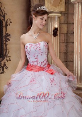 White and Orange Strapless Sash Ball Gown for Quince