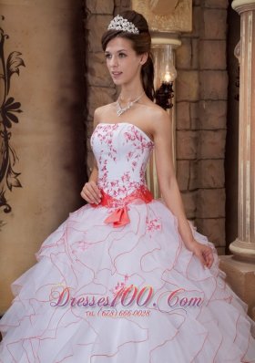 White and Orange Strapless Sash Ball Gown for Quince