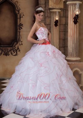 White and Orange Strapless Sash Ball Gown for Quince