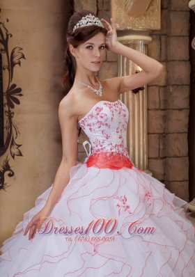 White and Orange Strapless Sash Ball Gown for Quince