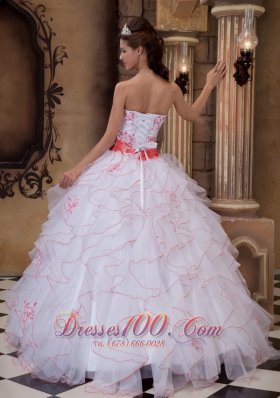 White and Orange Strapless Sash Ball Gown for Quince