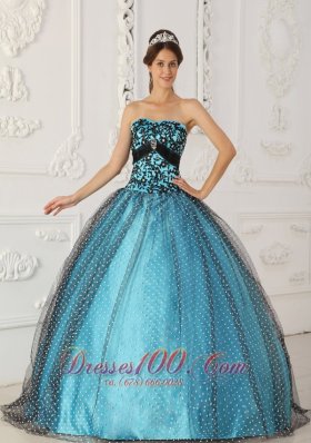 Black and Blue Appliques Boning Strapless Quinceanera Dress