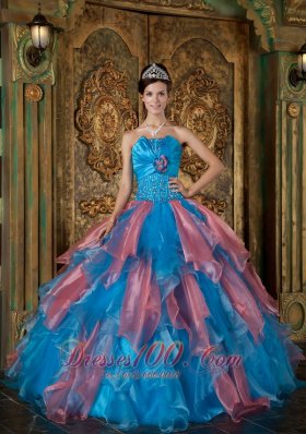 Multi-tiered Blue and Watermelon Quinceanera Dress Princess