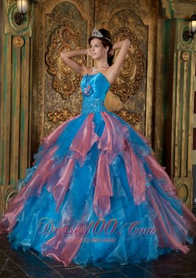 Multi-tiered Blue and Watermelon Quinceanera Dress Princess