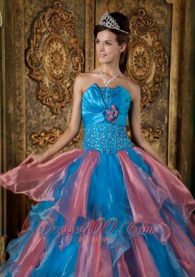 Multi-tiered Blue and Watermelon Quinceanera Dress Princess