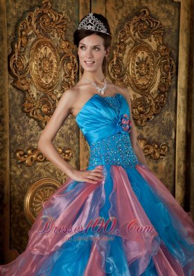 Multi-tiered Blue and Watermelon Quinceanera Dress Princess