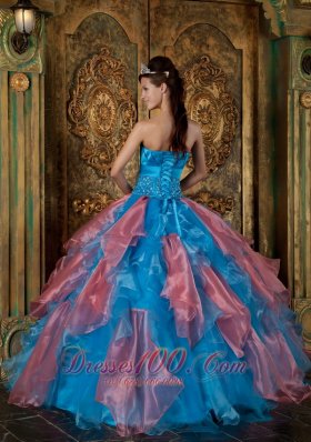 Multi-tiered Blue and Watermelon Quinceanera Dress Princess