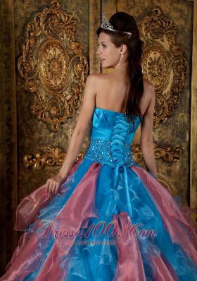 Multi-tiered Blue and Watermelon Quinceanera Dress Princess