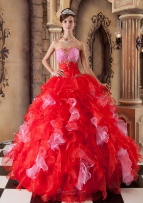 Strapless Ball Gown Puffy Pink and Red Ball Gown for Quinceanera