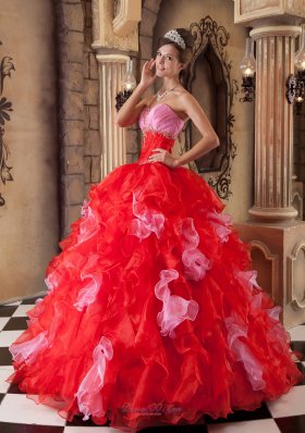 Strapless Ball Gown Puffy Pink and Red Ball Gown for Quinceanera