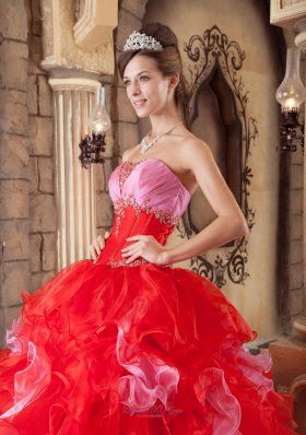 Strapless Ball Gown Puffy Pink and Red Ball Gown for Quinceanera