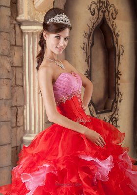 Strapless Ball Gown Puffy Pink and Red Ball Gown for Quinceanera