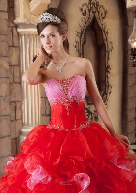 Strapless Ball Gown Puffy Pink and Red Ball Gown for Quinceanera