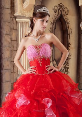 Strapless Ball Gown Puffy Pink and Red Ball Gown for Quinceanera