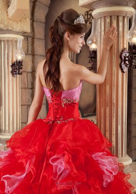 Strapless Ball Gown Puffy Pink and Red Ball Gown for Quinceanera