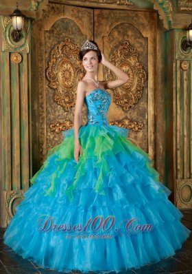 Strapless Blue and Green Ball Gown Quinceanera Dress