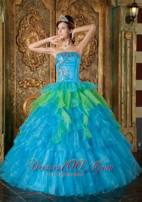 Strapless Blue and Green Ball Gown Quinceanera Dress