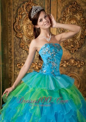 Strapless Blue and Green Ball Gown Quinceanera Dress