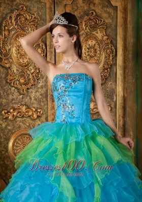 Strapless Blue and Green Ball Gown Quinceanera Dress