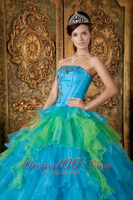 Strapless Blue and Green Ball Gown Quinceanera Dress