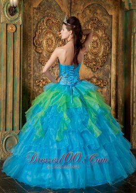 Strapless Blue and Green Ball Gown Quinceanera Dress