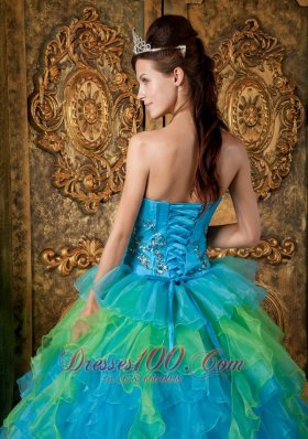 Strapless Blue and Green Ball Gown Quinceanera Dress