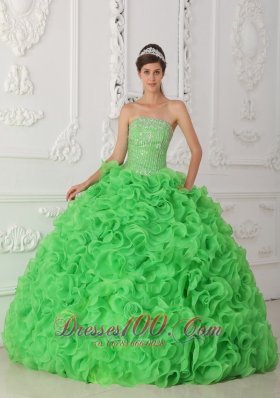 Rolling Flower Beading Strapless Ball Gown Green Quinceanera