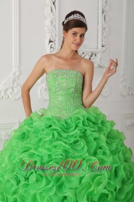 Rolling Flower Beading Strapless Ball Gown Green Quinceanera