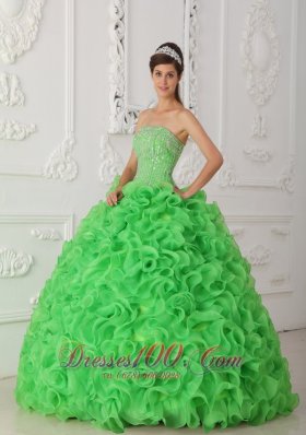 Rolling Flower Beading Strapless Ball Gown Green Quinceanera