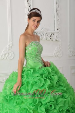 Rolling Flower Beading Strapless Ball Gown Green Quinceanera