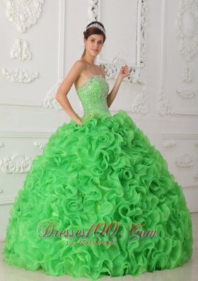 Rolling Flower Beading Strapless Ball Gown Green Quinceanera