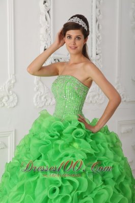 Rolling Flower Beading Strapless Ball Gown Green Quinceanera