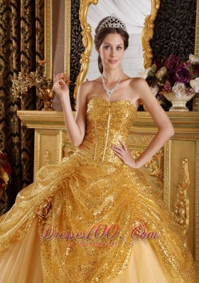 Gold Pick-ups Sequince and Tulle Sweetheart Quinceanera Dress