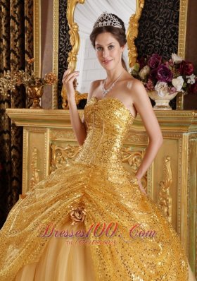 Gold Pick-ups Sequince and Tulle Sweetheart Quinceanera Dress