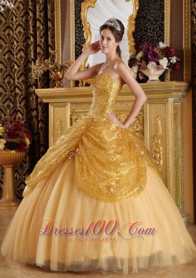 Gold Pick-ups Sequince and Tulle Sweetheart Quinceanera Dress