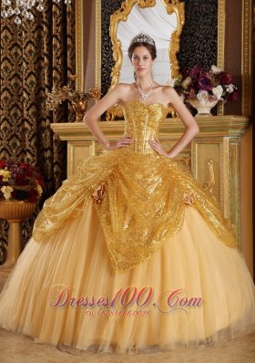 Gold Pick-ups Sequince and Tulle Sweetheart Quinceanera Dress