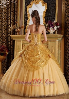 Gold Pick-ups Sequince and Tulle Sweetheart Quinceanera Dress