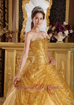 Gold Pick-ups Sequince and Tulle Sweetheart Quinceanera Dress