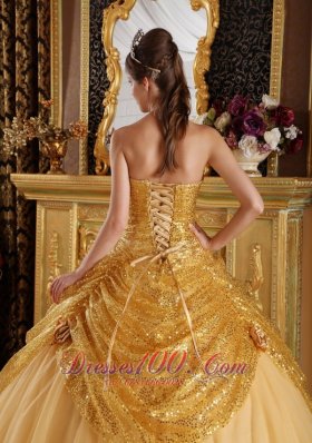 Gold Pick-ups Sequince and Tulle Sweetheart Quinceanera Dress