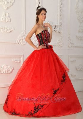 Strapless Black and Red A-line Embroidery Quinceanera Dress Boning