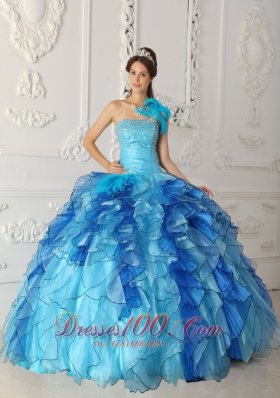 Multi-color Quinceanera Dress One Shoulder Hand Made Flower Ruffles