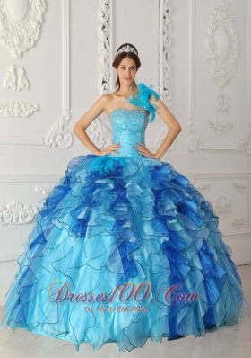 Multi-color Quinceanera Dress One Shoulder Hand Made Flower Ruffles