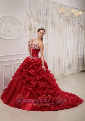 Wine Red Quinceanera Dress Sweep Train Pick-ups straps