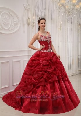 Wine Red Quinceanera Dress Sweep Train Pick-ups straps