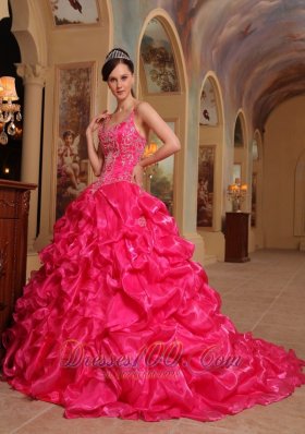 Hot Pink Quinceanera Dress Spaghetti Pick-ups Sweep Train