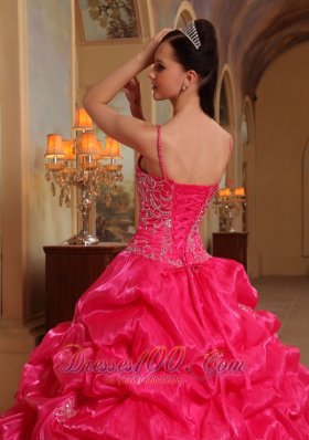 Hot Pink Quinceanera Dress Spaghetti Pick-ups Sweep Train