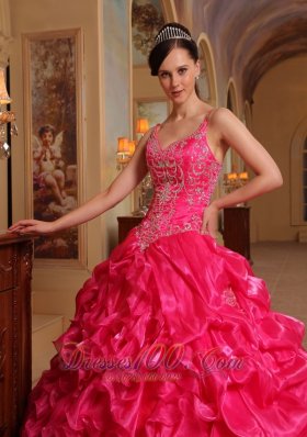 Hot Pink Quinceanera Dress Spaghetti Pick-ups Sweep Train