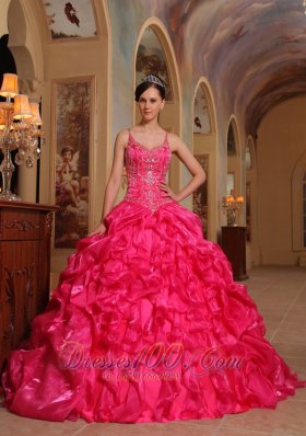 Hot Pink Quinceanera Dress Spaghetti Pick-ups Sweep Train